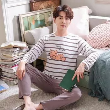 Весенние и осенние брюки с длинными рукавами, мужская пижама, домашняя одежда, свободная повседневная полосатая пижама, пижамы больших размеров, домашняя одежда L