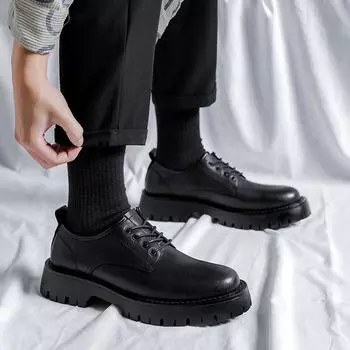 Весенние и осенние черные мужские туфли, универсальные трендовые мужские туфли на платформе, повседневные маленькие кожаные туфли 68303-R 38 чёрный