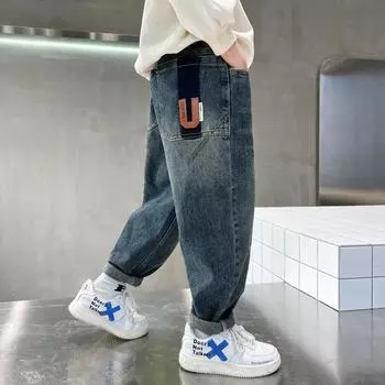 Весенние и осенние джинсы для мальчиков, осенние детские брюки, свободные, средние и большие детские джинсы 140 синий