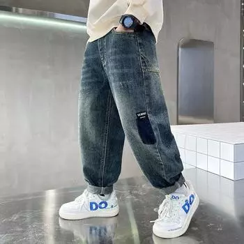 Весенние и осенние джинсы для мальчиков. Детские брюки. Свободные детские джинсы среднего и большого размера. 170 синий