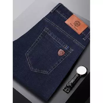 Весенние и осенние джинсы мужские прямые свободные деловые эластичные повседневные брюки 28 синий