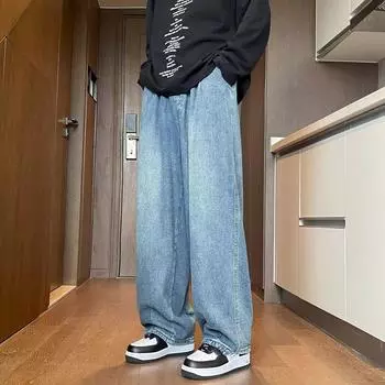 Весенние и осенние джинсы мужские в стиле Гонконга, свободные, прямые, модные, простые, широкие брюки, большие размеры S чёрный