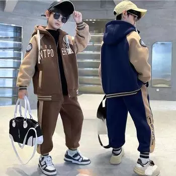 Весенние и осенние комплекты для мальчиков в корейском стиле, одежда для подростков, 2 предмета, куртка с капюшоном, пальто + брюки, повседневная детская одежда 170 темно-синий