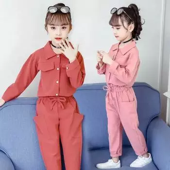 Весенние и осенние костюмы для девочек, детский костюм с длинными рукавами и лацканами, повседневный однотонный костюм из двух предметов 110