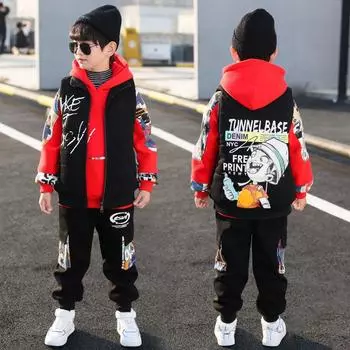 Весенние и осенние костюмы для мальчиков. Детский бархатный утепленный комплект из трех предметов. Пуловер с капюшоном для мальчиков. Свитера с длинными рукавами + жилет + брюки. Костюмы 170 красный