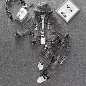 Весенние и осенние ковбойские детские комплекты, корейская версия, одежда для подростков, детская одежда, джинсовое пальто из двух предметов для мальчиков, повседневная куртка 100 синий