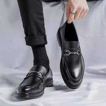Весенние и осенние кожаные туфли мужские ретро деловые деловые костюмы повседневные глянцевые маленькие кожаные туфли Lazy One Pedal 85136-R 38 чёрный