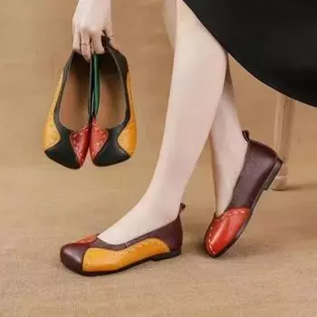 Весенние и осенние кожаные туфли с мягкой подошвой и глубоким горлом, женские туфли ручной работы в стиле ретро, туфли для мам с плоской подошвой, подходящие по цвету 41 чёрный