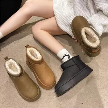 Весенние и осенние кожаные зимние ботинки женские хлопковые туфли зимние плюшевые толстые женские туфли на толстой подошве модные короткие ботинки 41 чёрный