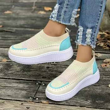 Весенние и осенние летающие плетеные одинарные туфли женские большого размера новые европейские и американские стили на толстой подошве повседневные спортивные туфли для женщин 36 разноцветный
