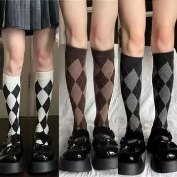 Весенние и осенние модели, черные и белые ромбовидные длинные носки, женские трендовые носки длиной до середины икры, японские носки Tide One size чёрный