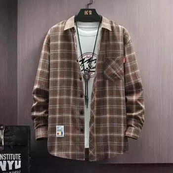Весенние и осенние модели, клетчатая рубашка с длинными рукавами и лацканами, мужская универсальная повседневная рубашка в стиле ретро, блузка, куртка, мужская полосатая клетчатая рубашка M чёрный