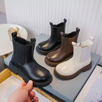 Весенние и осенние модные короткие ботинки для девочек, яркие кожаные ботинки, детские водонепроницаемые нескользящие зимние ботинки, детская спортивная обувь, кроссовки 36 чёрный