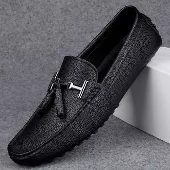 Весенние и осенние модные мужские туфли Bean, легкие, роскошные, дизайнерские, повседневные туфли, кожаные туфли, удобные, дышащие, для вождения 39 чёрный
