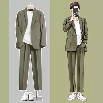 Весенние и осенние модные повседневные мужские костюмы XXL зелёный