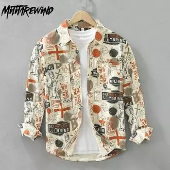 Весенние и осенние модные рубашки с длинными рукавами и принтом для мужчин, уличные граффити, повседневные рубашки из чистого хлопка, свободные мужские топы в японском стиле ретро M оранжевый