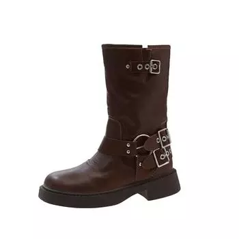 Весенние и осенние модные женские сапоги на толстом каблуке, новые однотонные женские сапоги с квадратным носком и пряжкой на среднем каблуке до середины икры 35