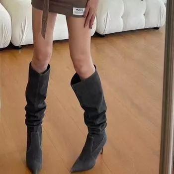 Весенние и осенние модные женские сапоги, новые однотонные джинсовые сапоги с острым носком и шпилькой, на высоком каблуке, с рукавами, женские высокие сапоги 35