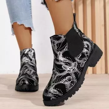 Весенние и осенние модные женские сапоги, новые, с круглым носком, на низком каблуке, большого размера, с цветными блоками, с бантами на рукавах, женские короткие сапоги 35
