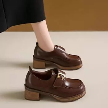 Весенние и осенние модные женские туфли на высоком каблуке, высококачественные однотонные туфли с квадратным носком и металлическим декором на толстом каблуке 35