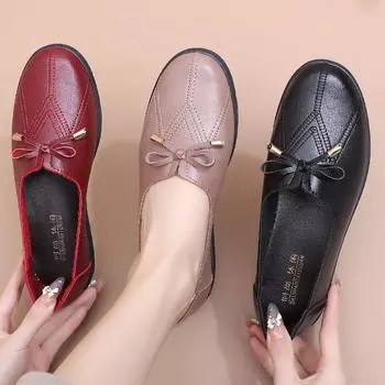 Весенние и осенние мокасины с бантом для женщин среднего и пожилого возраста. Удобные нескользящие туфли на мягкой подошве для мам. Туфли без застежек для бабушек на плоской подошве. 35