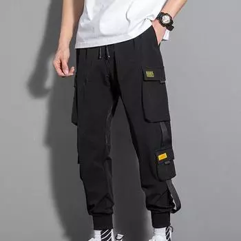 Весенние и осенние мужские брюки-карго со шнурком, уличные повседневные спортивные брюки в стиле хип-хоп с несколькими карманами для мальчиков и подростков XXXXXL чёрный