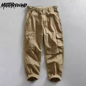 Весенние и осенние мужские брюки молодежная мода уличная одежда зауженные брюки карго с множеством карманов мешковатые брюки цвета хаки повседневные мужские брюки из чистого хлопка 29 хаки