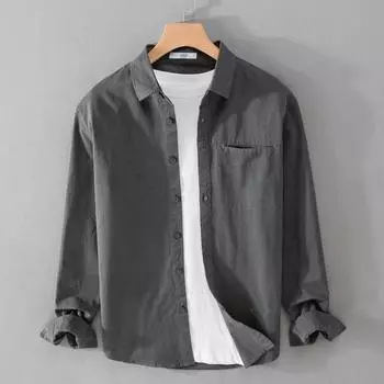 Весенние и осенние мужские рубашки с длинным рукавом, повседневная рубашка в японском стиле, рабочая одежда из 100% хлопка, мужские топы, приталенная рубашка с отложным воротником и карманом M серый