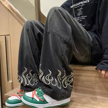 Весенние и осенние мужские винтажные джинсы с принтом пламени, мешковатые уличные брюки с широкими штанинами, прямые брюки в стиле хип-хоп XXXL чёрный
