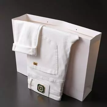 Весенние и осенние мужские высококачественные джинсы Three Proof Elastic, высококачественные белые модные универсальные маленькие прямые брюки, модные брюки 28 чёрный