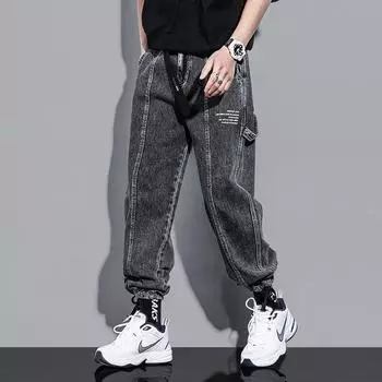Весенние и осенние новые джинсы, мужские свободные прямые леггинсы, свободные широкие брюки L чёрный