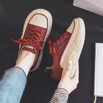Весенние и осенние новые кожаные туфли на плоской подошве со шнуровкой, повседневные туфли, весенние спортивные туфли с толстой подошвой, небольшие однослойные туфли, легкая обувь для беременных 35 красный