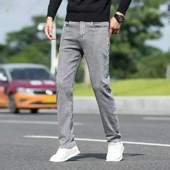 Весенние и осенние новые обычные мужские джинсы, винтажные серые облегающие брюки прямого кроя, мужские повседневные спортивные брюки 28