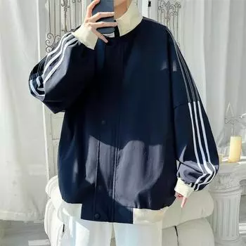 Весенние и осенние новые пальто, мужские куртки, мужская повседневная одежда, универсальные полосатые свободные модные топы с воротником-стойкой для подростков M