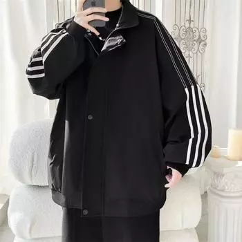 Весенние и осенние новые пальто, мужские куртки, мужские повседневные универсальные полосатые свободные топы с воротником-стойкой для подростков M