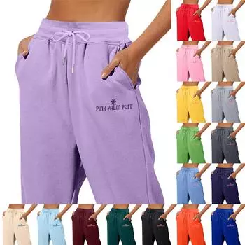 Весенние и осенние однотонные набивные модные женские повседневные брюки с карманами и шнурком M
