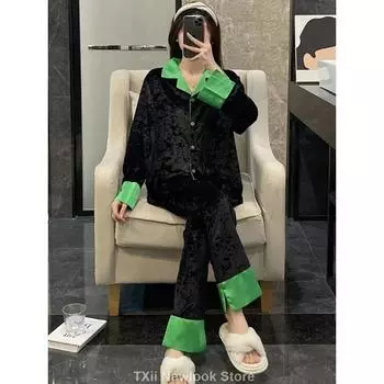 Весенние и осенние пижамы из золотого бархата для женщин, зимняя домашняя одежда с длинными рукавами и костюмы для активного отдыха M чёрный