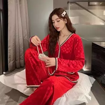 Весенние и осенние пижамы из золотого бархата для женщин, зимняя домашняя одежда с длинными рукавами и костюмы для активного отдыха M чёрный