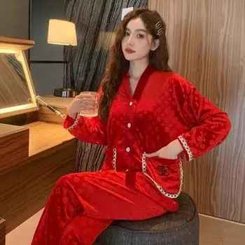 Весенние и осенние пижамы из золотого бархата для женщин, зимняя домашняя одежда с длинными рукавами и костюмы для активного отдыха M чёрный