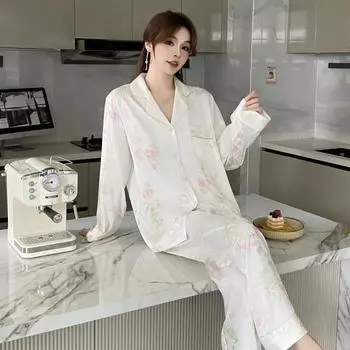 Весенние и осенние пижамы женские с цветочным принтом новые домашние костюмы с длинными рукавами из ледяного шелка роскошная домашняя одежда M
