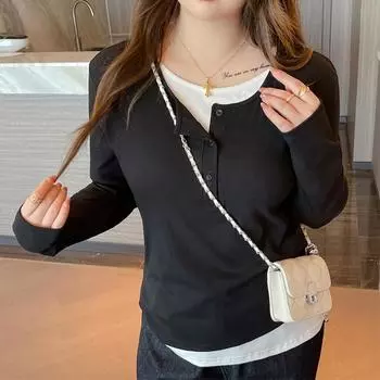 Весенние и осенние праздничные футболки из двух частей с длинным рукавом и правым плечом для женщин со свободными внутренними слоями и топами, которые можно носить снаружи S