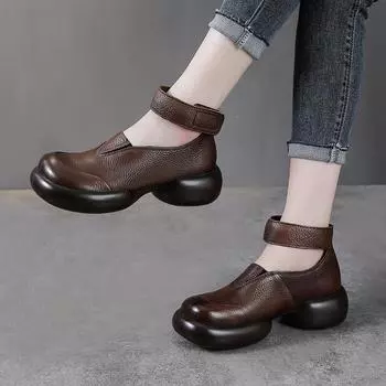 Весенние и осенние ретро-туфли из кожи с круглым носком и толстой подошвой, повседневные удобные туфли-лодочки для женщин 40 чёрный