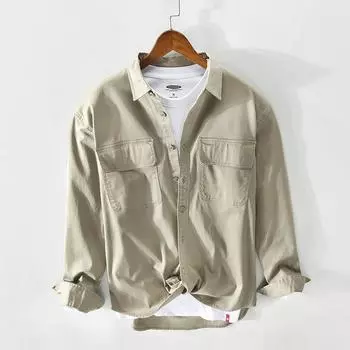 Весенние и осенние рубашки карго в японском стиле для мужчин с воротником-лацканами, двойными карманами, 98% хлопок, рубашка с длинным рукавом, повседневные топы, рабочая одежда M чёрный