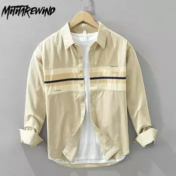 Весенние и осенние рубашки с длинным рукавом для мужчин, корейский стиль, полосатая рубашка в стиле пэчворк, свободный верх с лацканами, повседневные рубашки из чистого хлопка для молодежи M чёрный