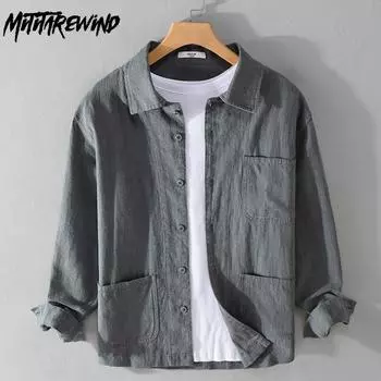 Весенние и осенние рубашки с длинным рукавом для мужчин в китайском стиле из хлопка и льна, повседневная мужская одежда с несколькими карманами, однотонная рубашка с воротником-лацкан M серый