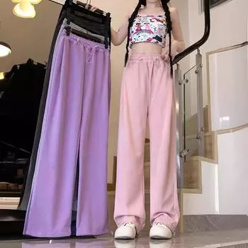 Весенние и осенние серые спортивные брюки для женщин, свободные по ноге, корейский стиль, высокая талия, обтягивающие ноги, широкие прямые ноги, повседневные спальные брюки S