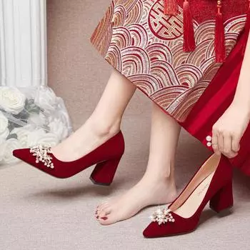 Весенние и осенние свадебные туфли женские на толстом каблуке 2024 года невесты китайское красное свадебное платье Xiuhe две пары надевают высокие каблуки большого размера не уставшие ноги 33