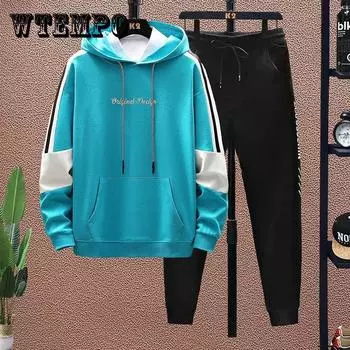 Весенние и осенние свитера, свитера с капюшоном и повседневные брюки, школьные тенденции, спортивный костюм, свитер, мужской костюм XXXL белый