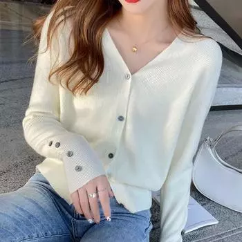 Весенние и осенние тонкие трикотажные кардиганы с V-образным вырезом, женские куртки с длинным рукавом, однотонные кардиганы, свитера для женщин, свободные, тонкие, повседневные, женские трикотажные топы 25861 One Size белый