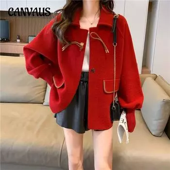 Весенние и осенние топы, трикотажные, рукав «летучая мышь», женская верхняя одежда, твидовый жакет One Size красный